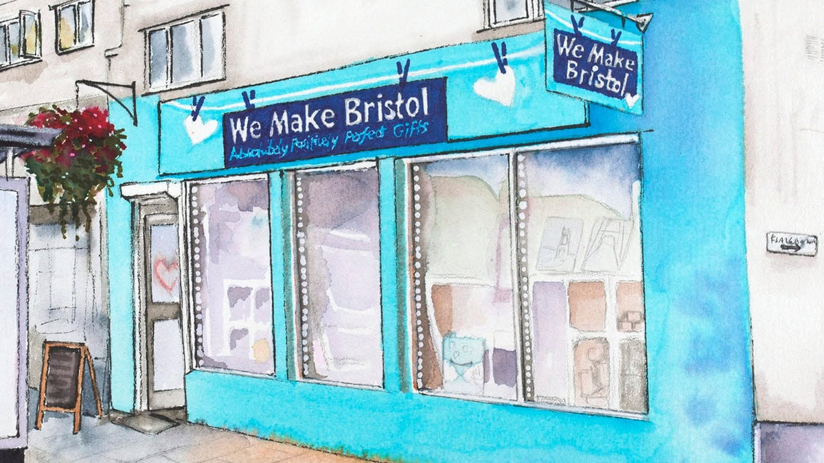Illustration of a store front with 'We Make Bristol' branding on a building.